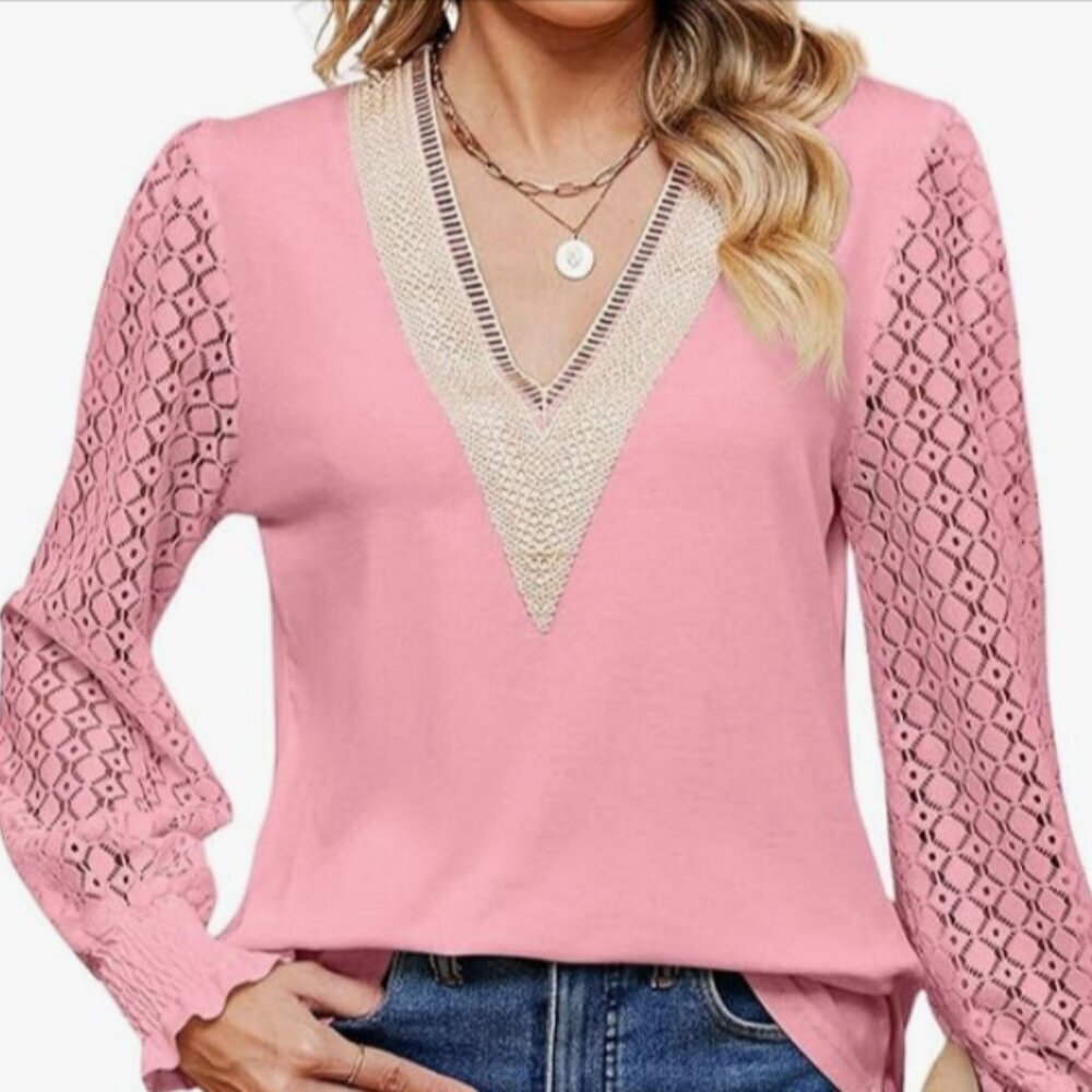 Chic Lace Sleeve Blouse Pink Women Size XL NWOT